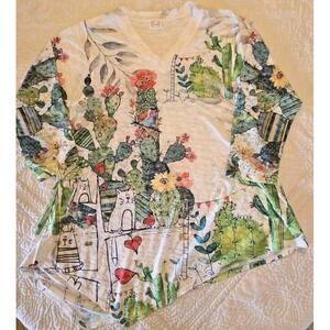 Et' Lois Cactus Kitties Cats Knit Top M Asymmetrical Shirt Tunic Cacti Boutique